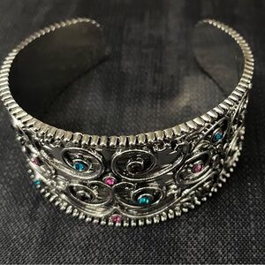 Elegant Silver Cuff Bracelet with Pink and Blue Accents